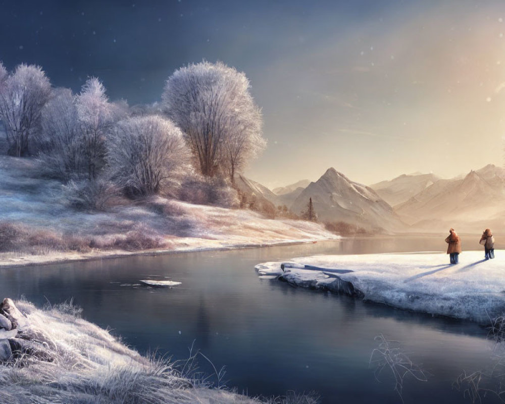 Winter River Scene: People Walking Amid Frost-Covered Trees