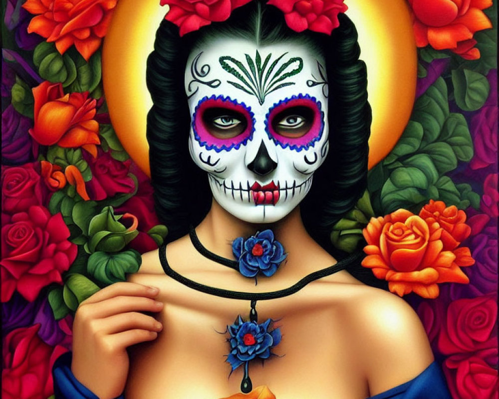 Colorful Day of the Dead artwork: Woman with skull face painting and roses.