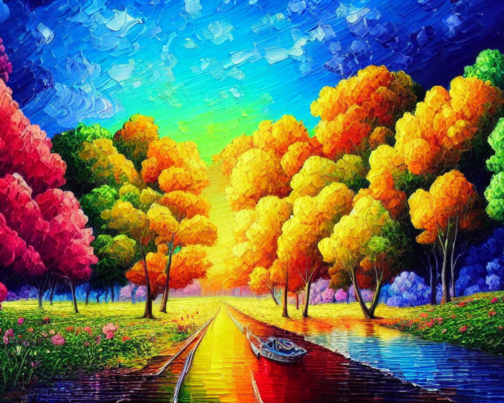 Colorful Autumn Tree-Lined Pathway Painting with Reflections