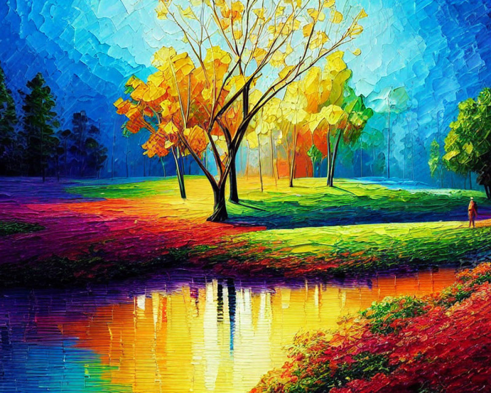 Colorful Landscape Painting of Autumn Park with Water Reflection