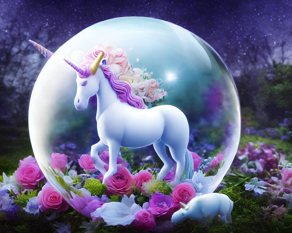 White unicorn with pink mane in translucent bubble among flowers under starry sky