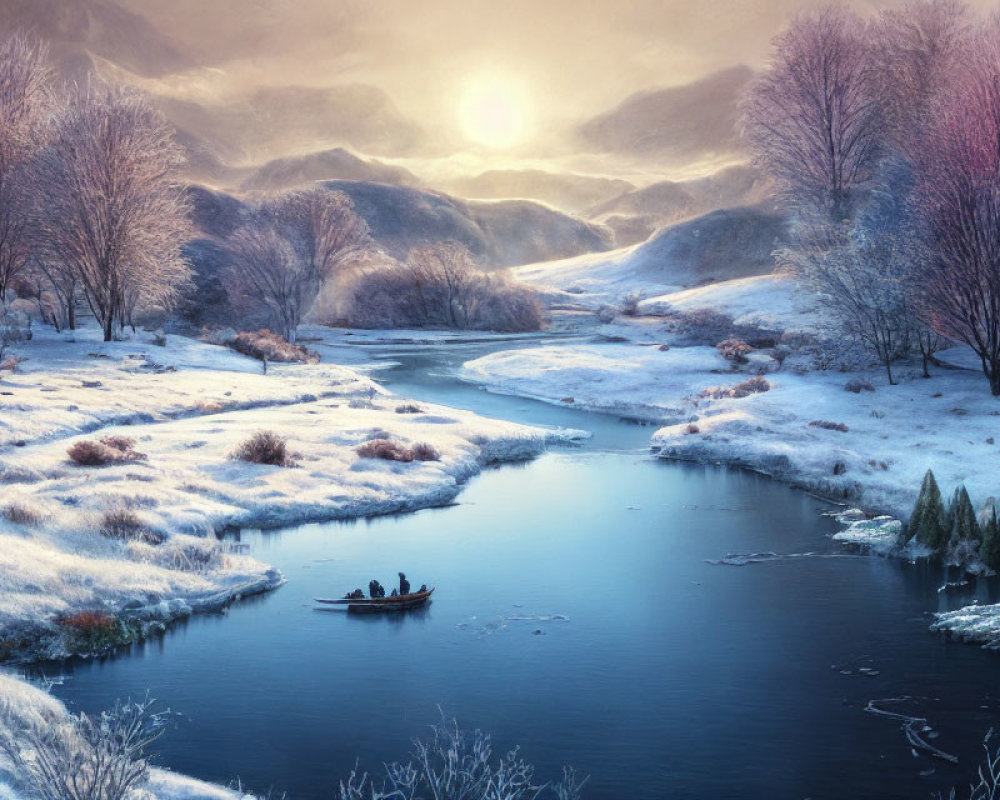 Winter sunrise landscape with river, snow, boat, and people in serene setting