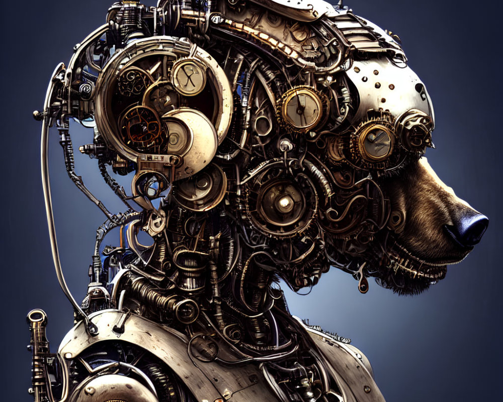 Detailed Steampunk-Style Mechanical Dog Head with Gears and Pipes