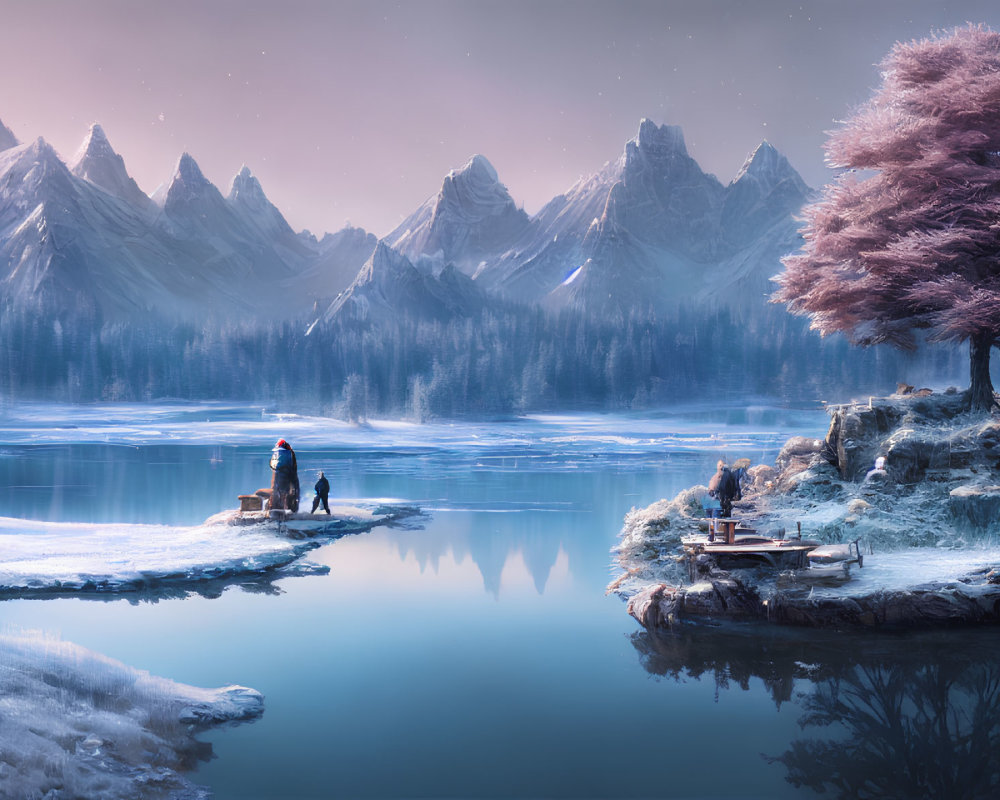 Snow-capped mountains, frozen lake, cherry blossom tree, figure on icy shore at twilight