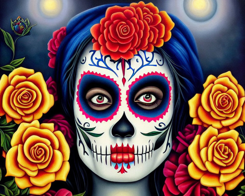 Colorful painting of woman with Day of the Dead makeup and roses on dark background