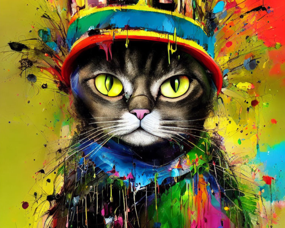 Vibrant cat painting with yellow eyes and colorful hat