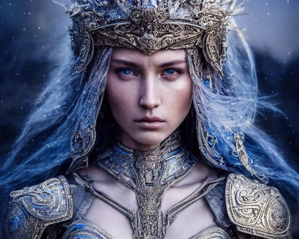 Woman in Silver Armor with Blue Eyes and Crown in Dusky Sky