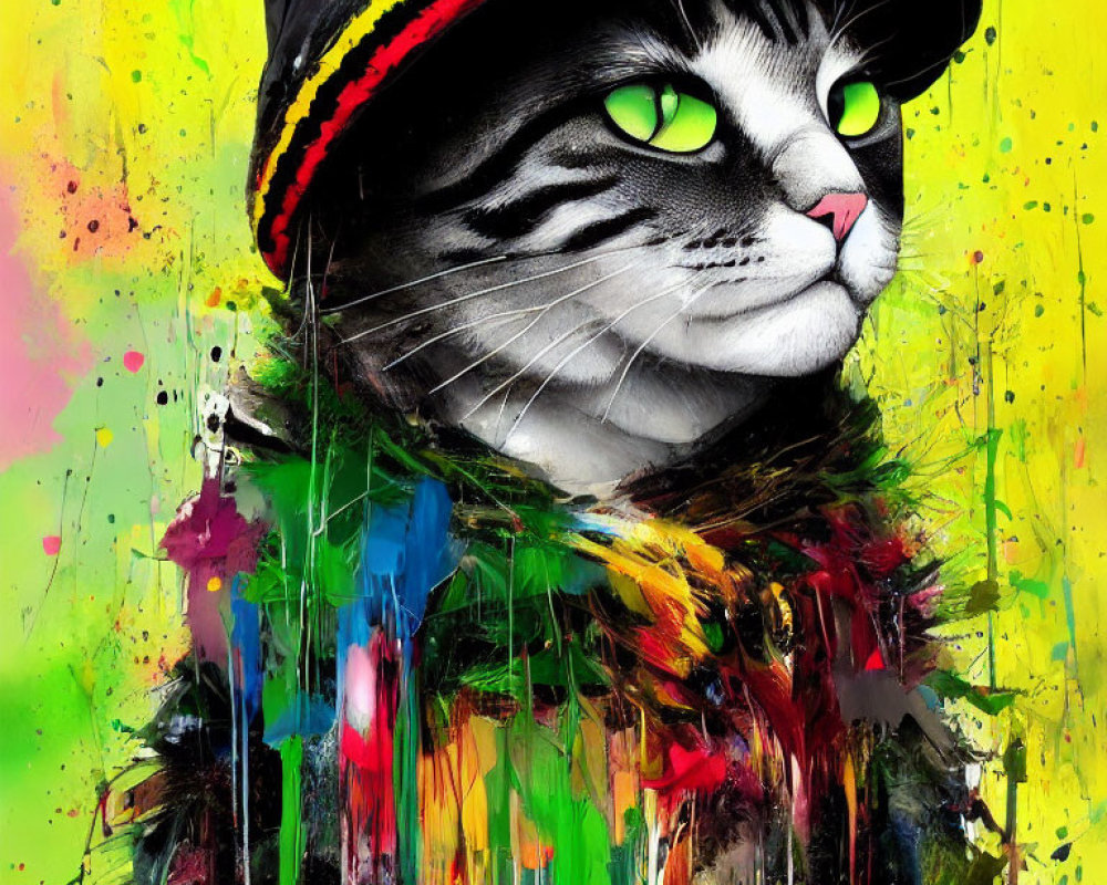 Vibrant Cat Artwork with Green Eyes and Hat on Colorful Paint Splatters