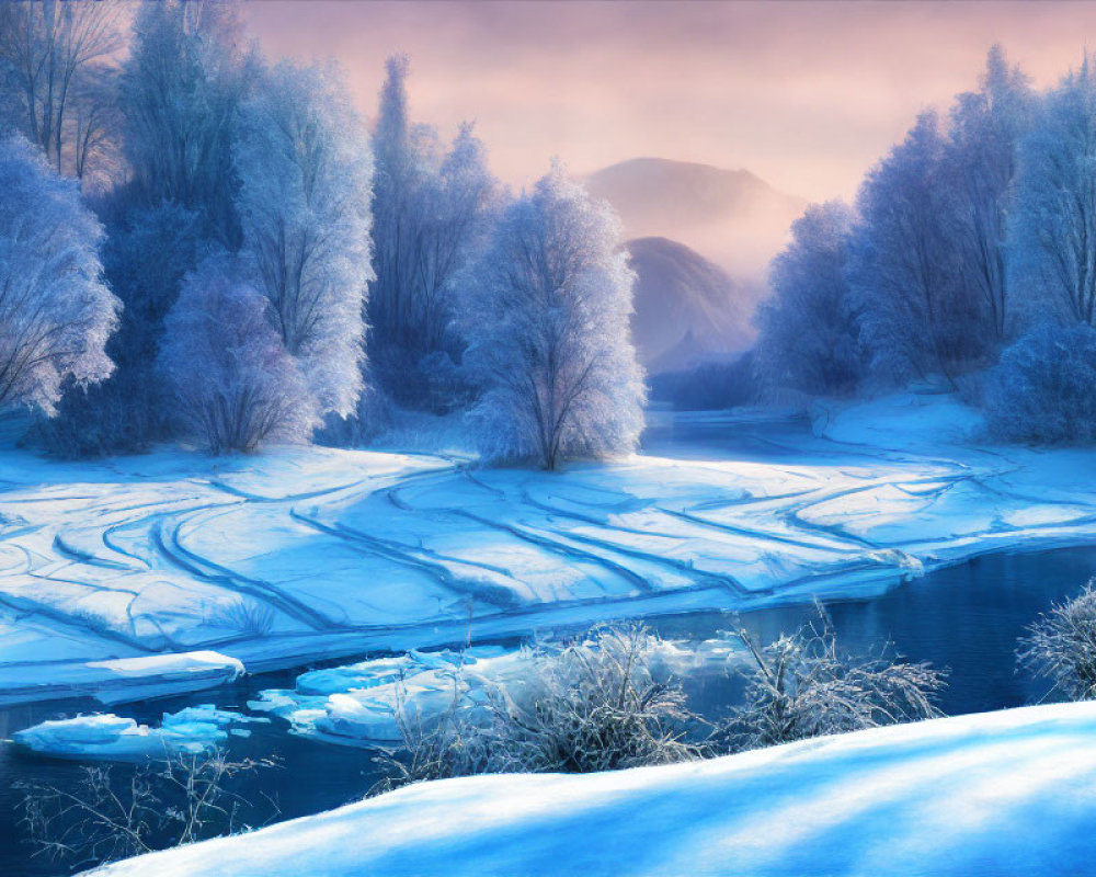 Frost-covered trees and icy river in tranquil winter setting