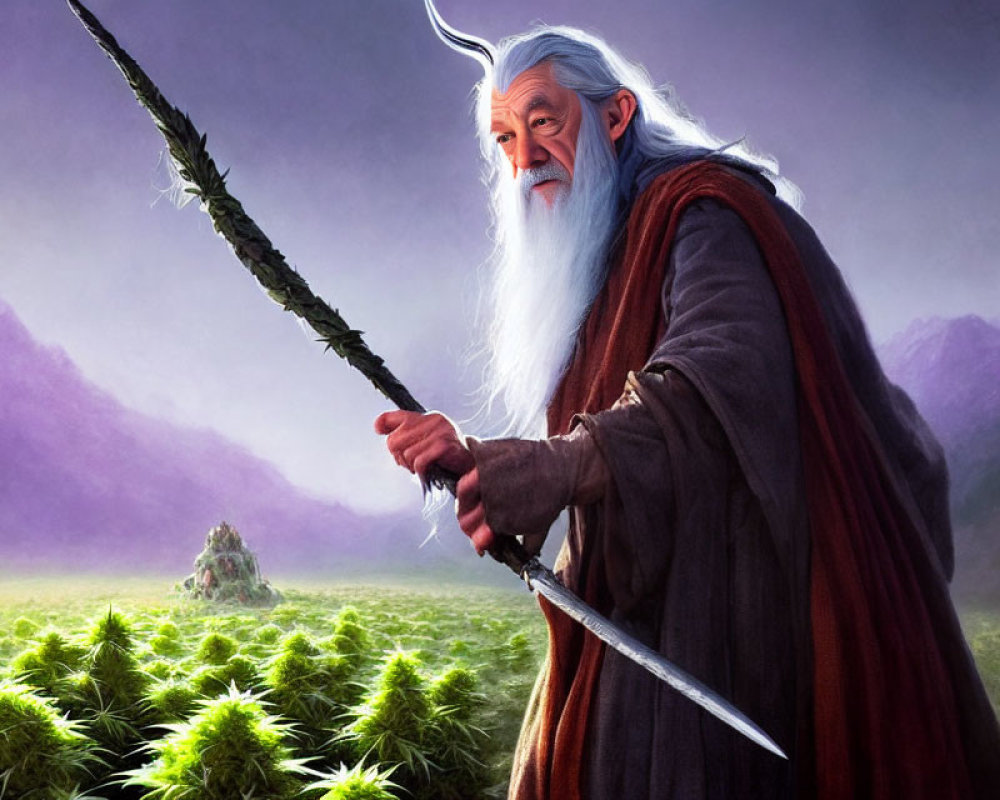 Elderly wizard with white beard in grey robe and hat, holding staff and sword in mountain field