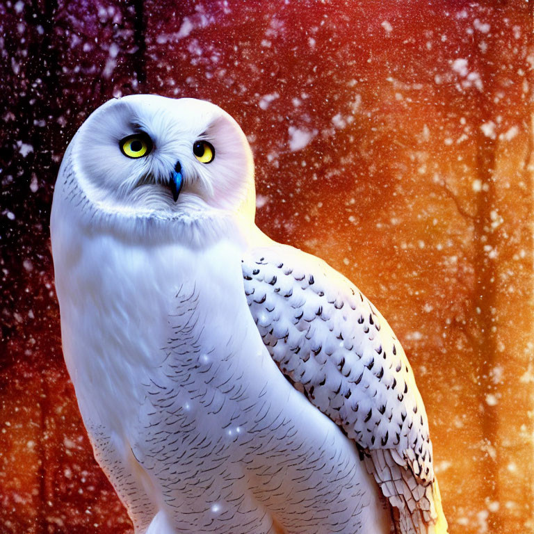 Snowy owl with piercing yellow eyes in soft-focus orange backdrop