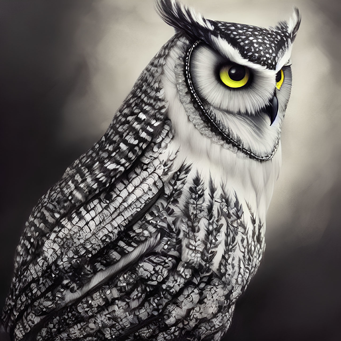 Detailed Owl Illustration with Striking Yellow Eyes and Black & White Feathers