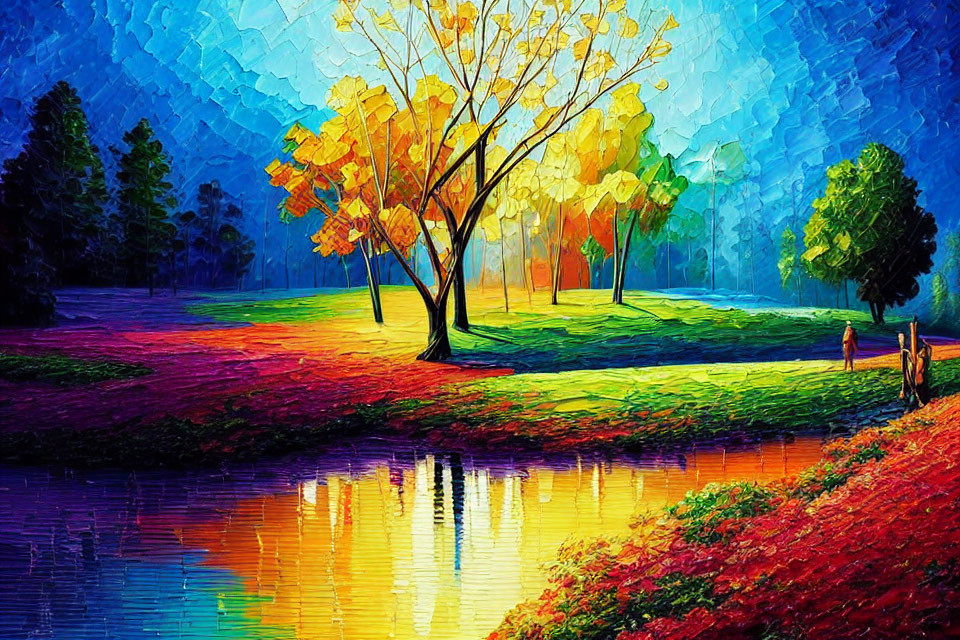 Colorful Landscape Painting of Autumn Park with Water Reflection