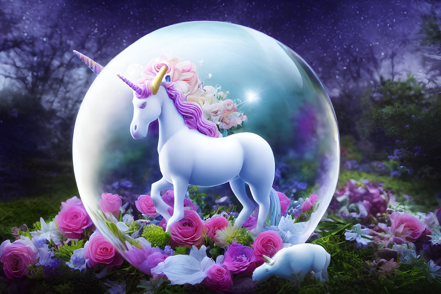 White unicorn with pink mane in translucent bubble among flowers under starry sky