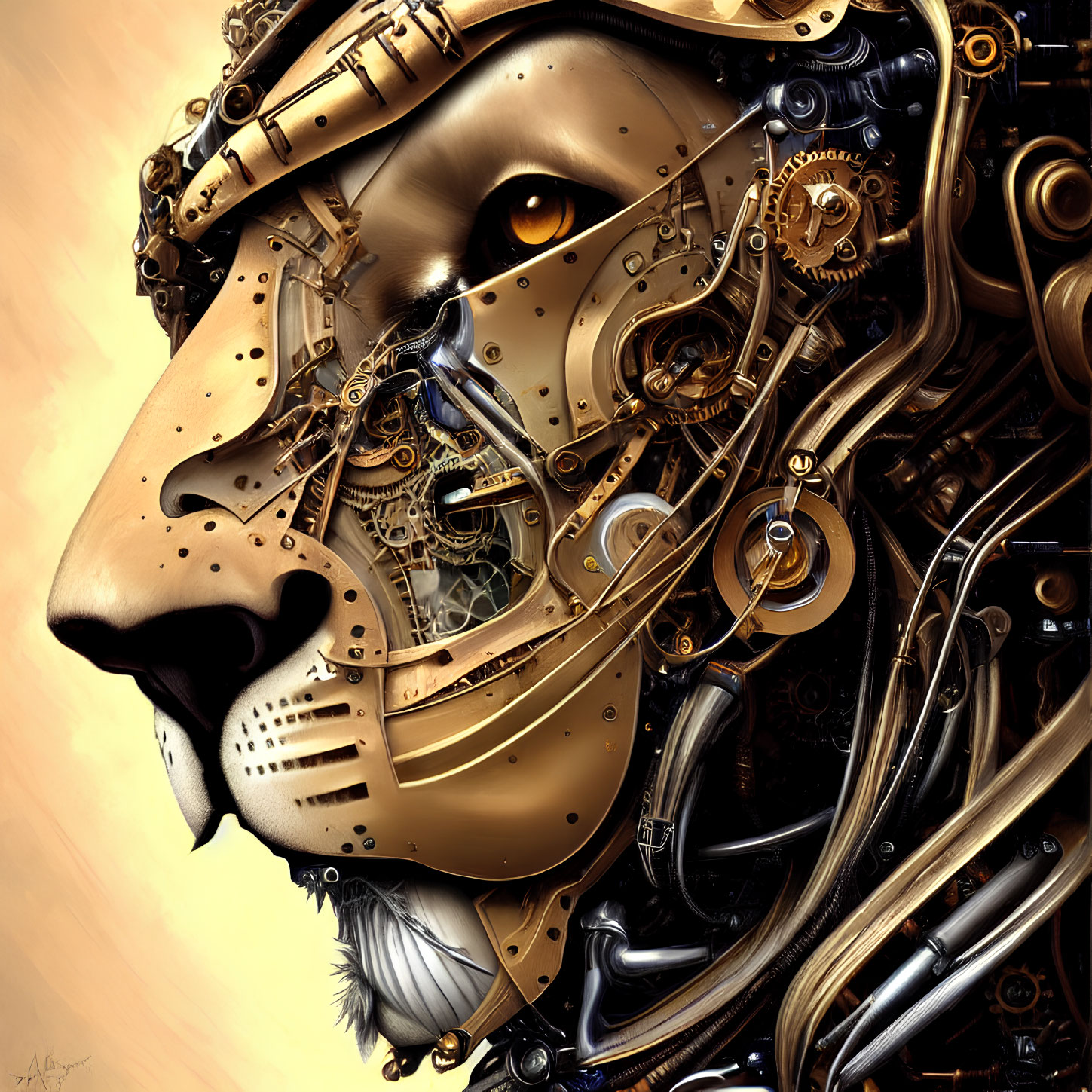 Detailed Steampunk Mechanical Lion Illustration with Organic Elements