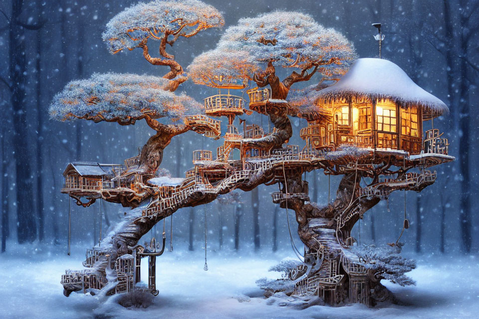 Snow-covered treehouse in twilight forest with warm, lit windows