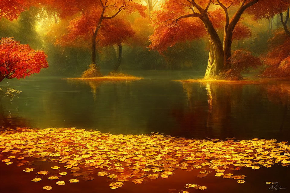 Tranquil autumn landscape with golden leaves, vibrant trees, and serene lake