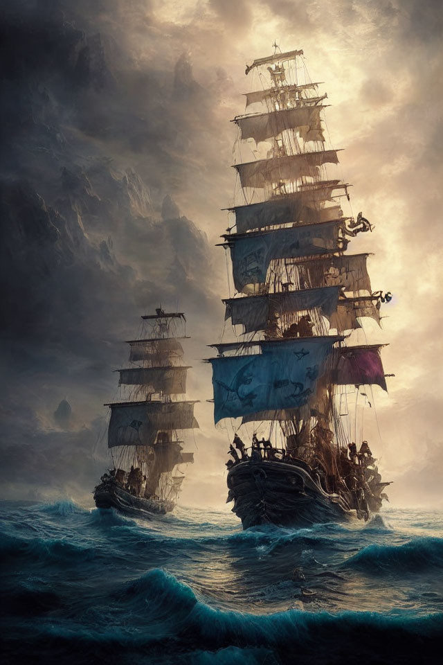 Historic tall ships sailing in stormy seas under dramatic sky