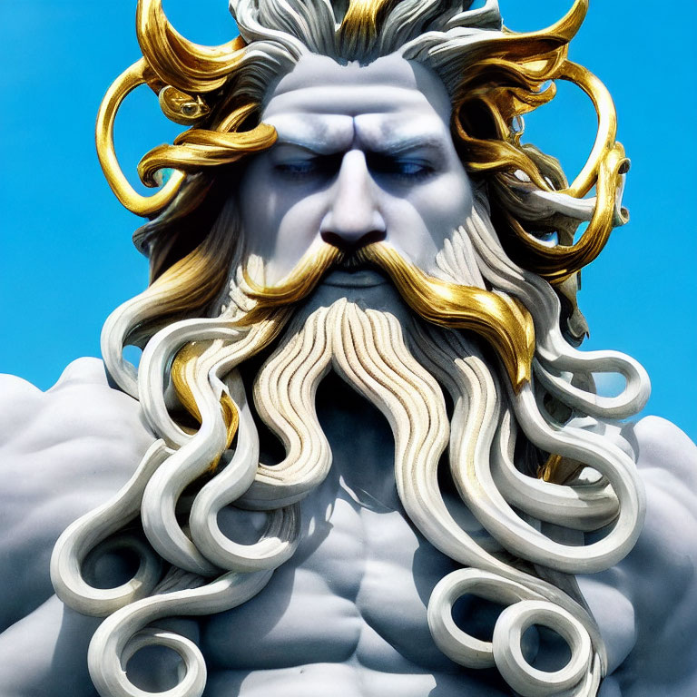 Detailed 3D Poseidon rendering with majestic beard and hair against blue sky