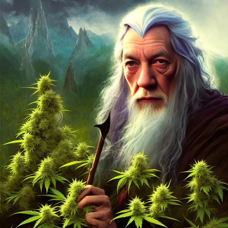 Elderly wizard with staff in lush green forest