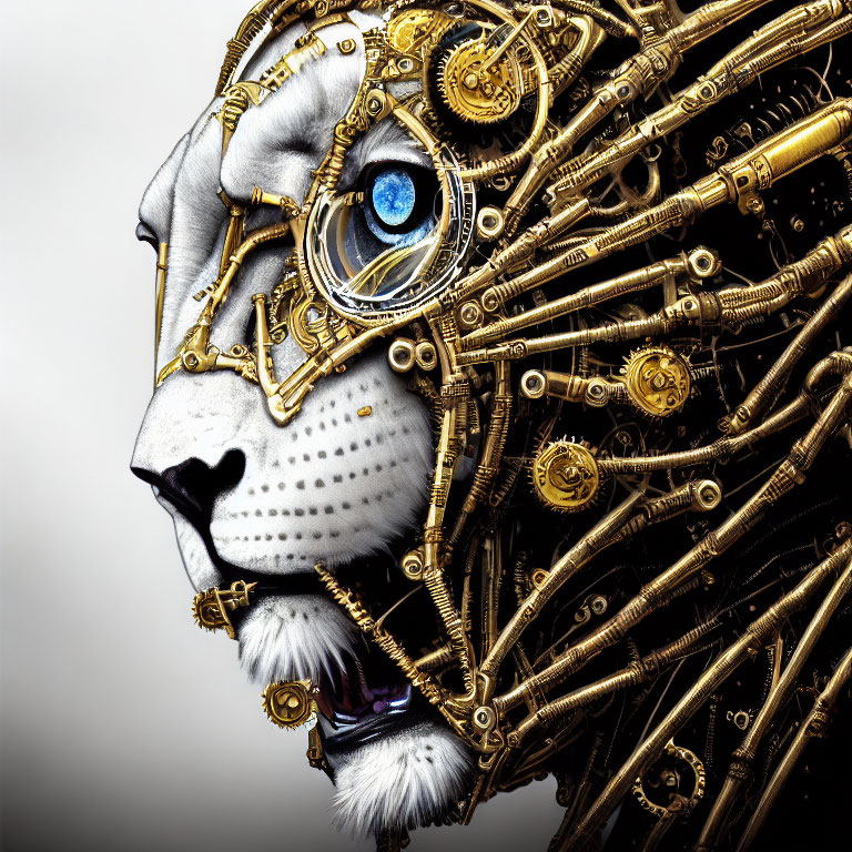 Detailed Close-Up of Mechanical Lion with Gold Gears and Blue Eye