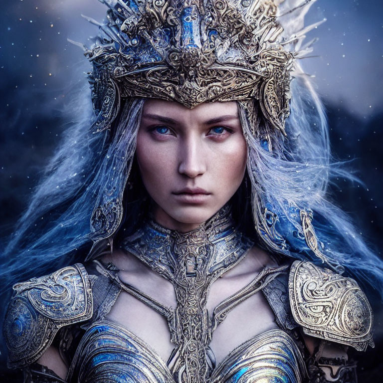 Woman in Silver Armor with Blue Eyes and Crown in Dusky Sky