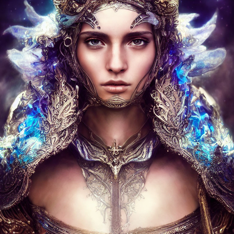 Digital Artwork: Woman in Silver and Blue Fantasy Armor with Elaborate Headdress