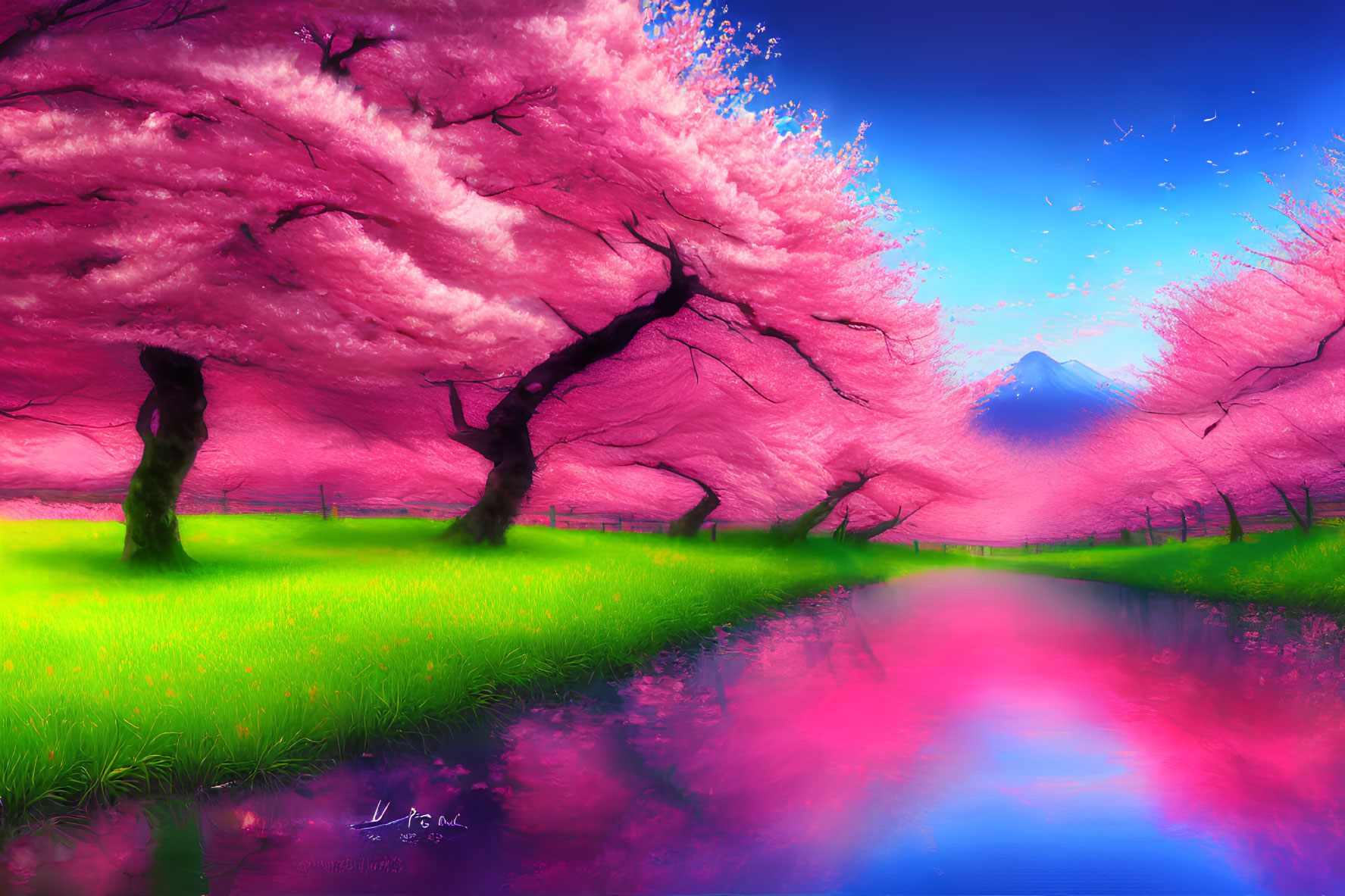 Colorful fantasy landscape with pink cherry blossoms, blue stream, green grass, and distant mountain.