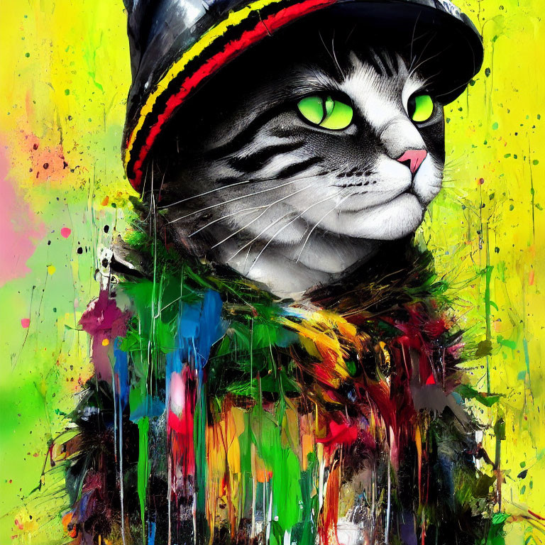 Vibrant Cat Artwork with Green Eyes and Hat on Colorful Paint Splatters