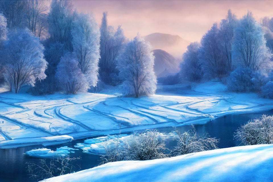 Frost-covered trees and icy river in tranquil winter setting