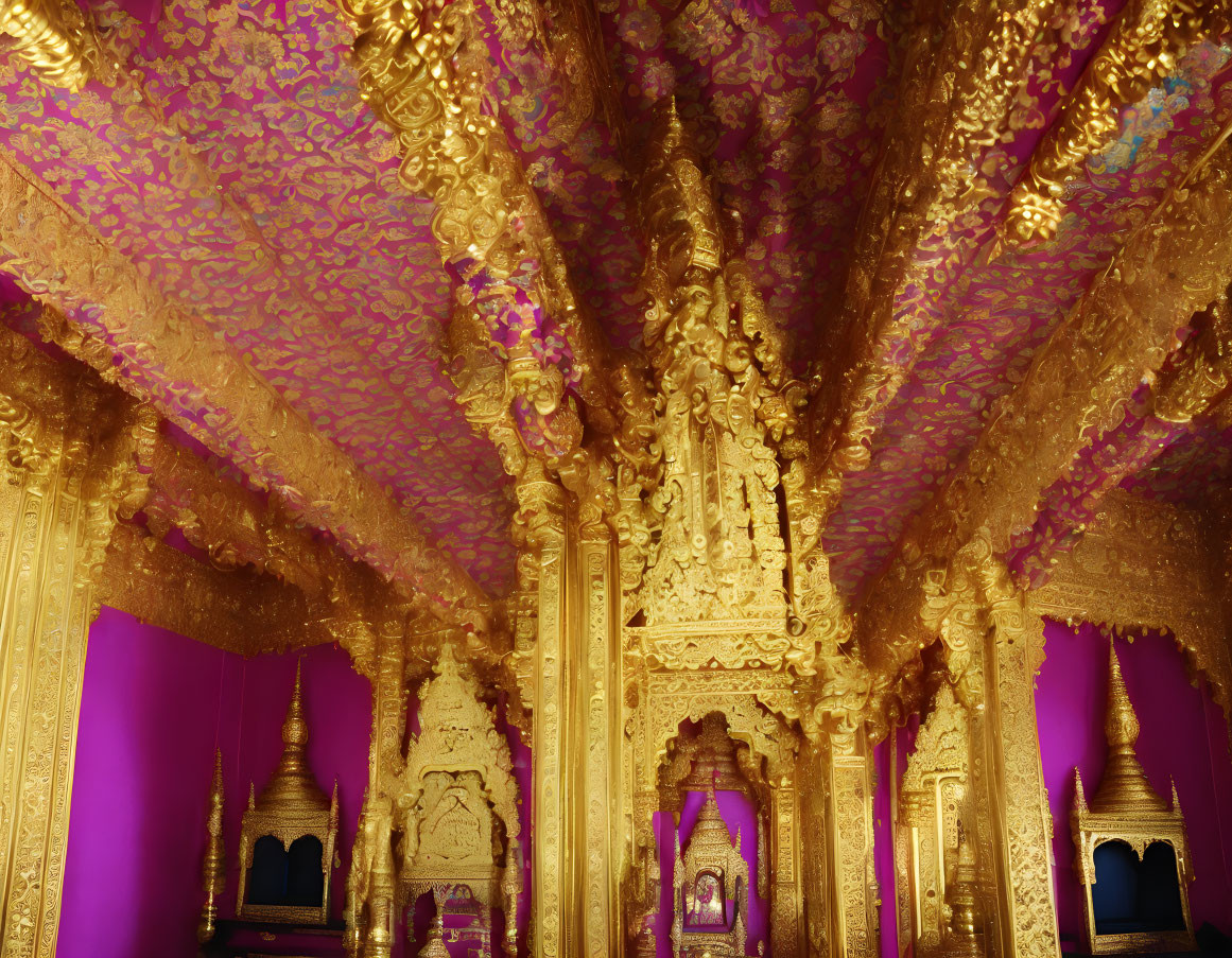 Luxurious Golden Room with Purple Backlit Arches and Intricate Carvings