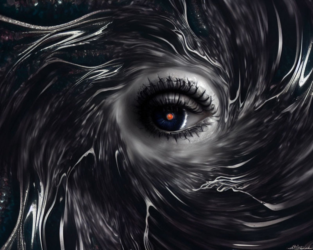 Detailed digital art: human eye surrounded by swirling black and white streams