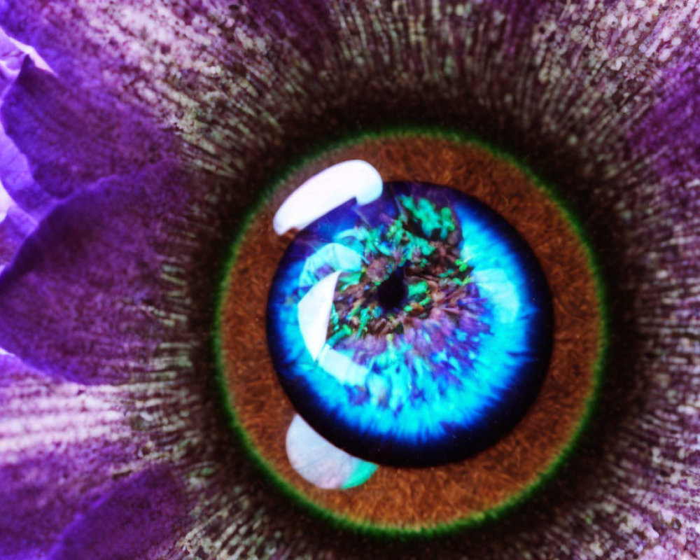 Colorful fusion of human eye and purple flower in vibrant artwork