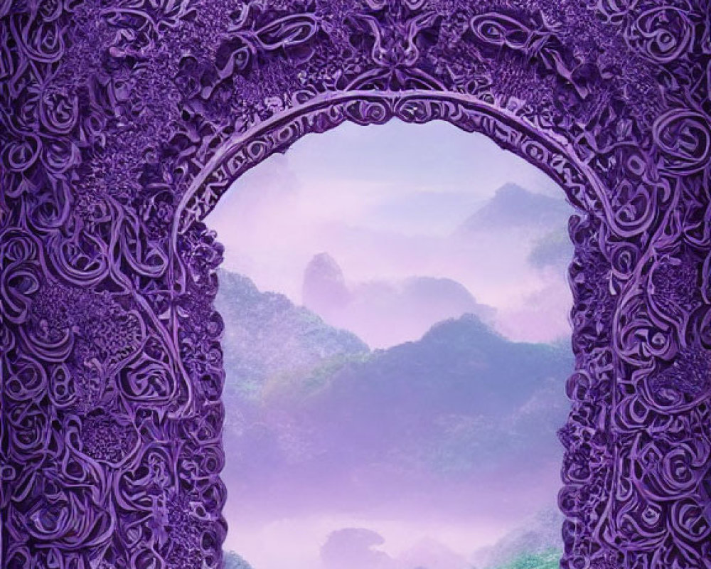 Purple ornate frame reveals mystical landscape with mountains, tower, and hazy sky