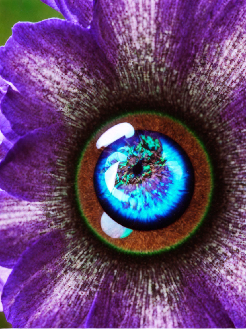 Colorful fusion of human eye and purple flower in vibrant artwork