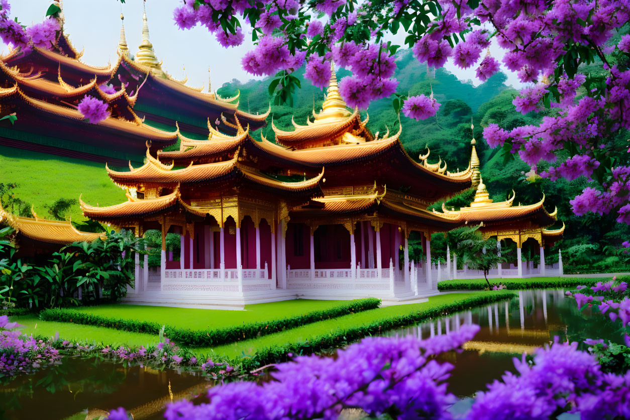 Traditional Asian Temple Surrounded by Purple Flowers and Reflecting Pond