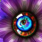 Colorful fusion of human eye and purple flower in vibrant artwork