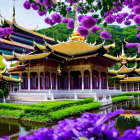 Traditional Asian Temple Surrounded by Purple Flowers and Reflecting Pond