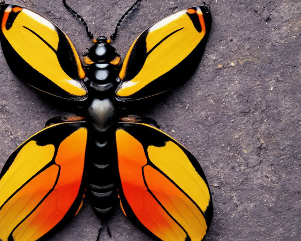 Colorful Orange and Black Butterfly with Unique Wing Patterns on Textured Surface