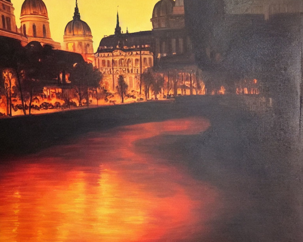 Cityscape painting: Vibrant sunset over domed buildings and reflective river