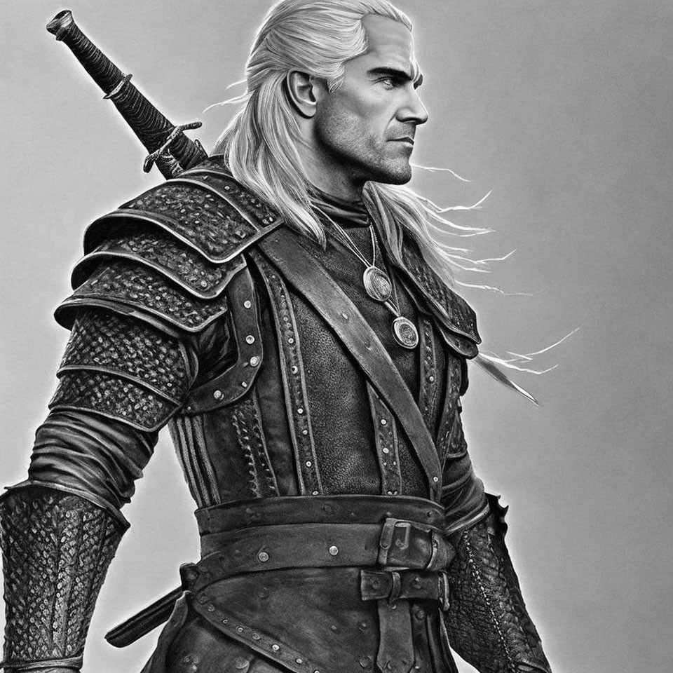 Greyscale image of man in medieval leather armor with long white hair