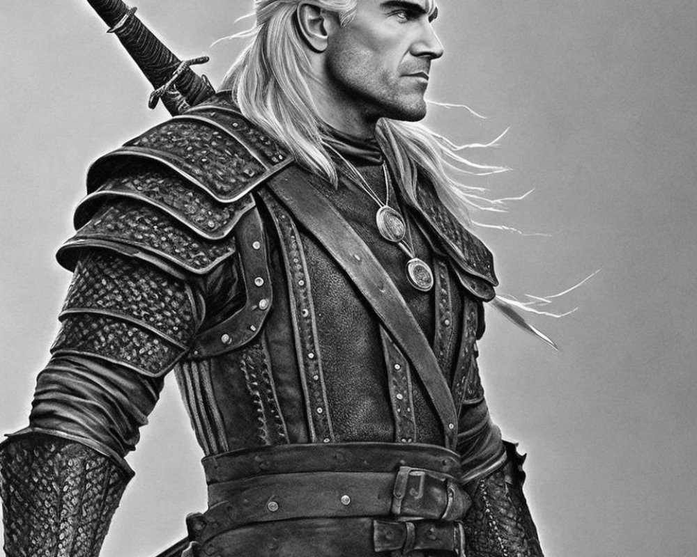 Greyscale image of man in medieval leather armor with long white hair