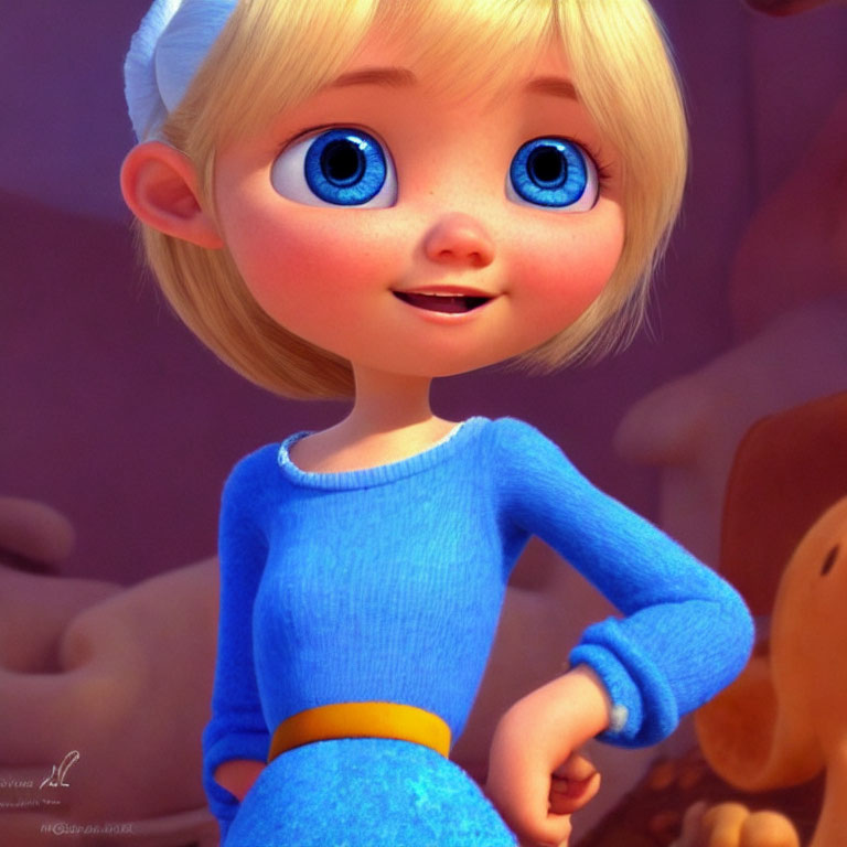 3D animated character of a young girl with large blue eyes in blue dress