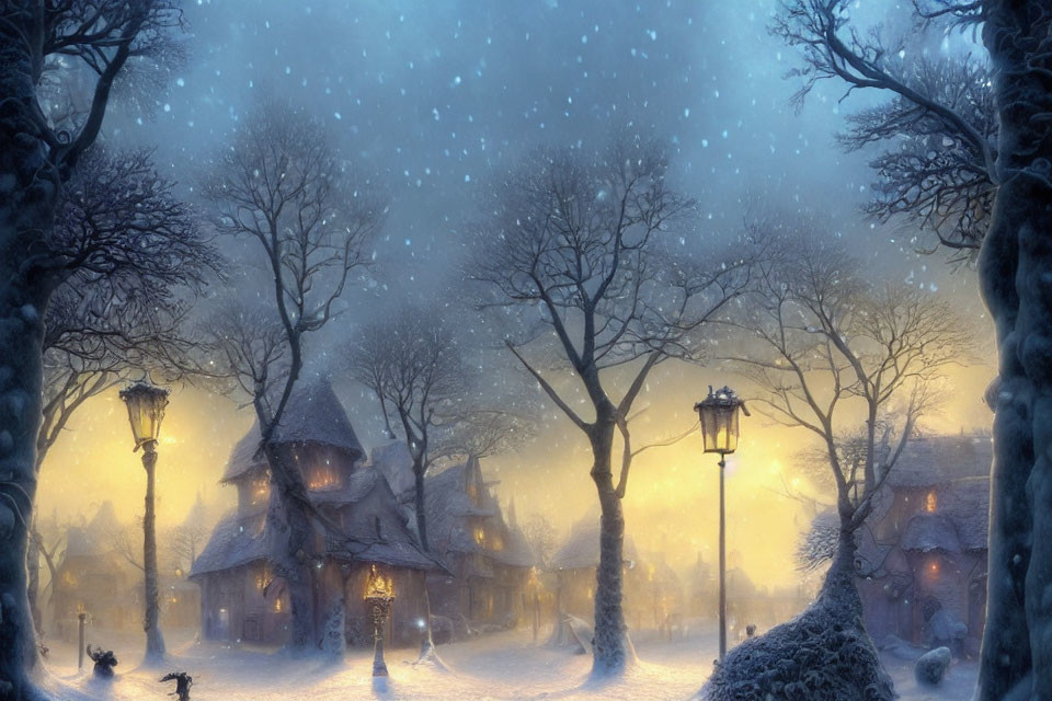 Snow-covered village at dusk: Glowing street lamps, bare trees, gentle snowflakes