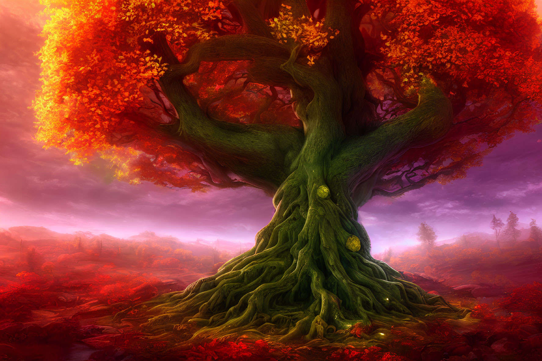 Colorful digital artwork: Large magical tree with fiery orange leaves in mystical forest.