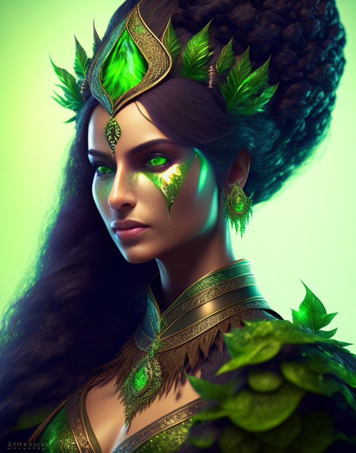 Nature-inspired digital art portrait of a woman with leaf motifs and glowing facial adornments.