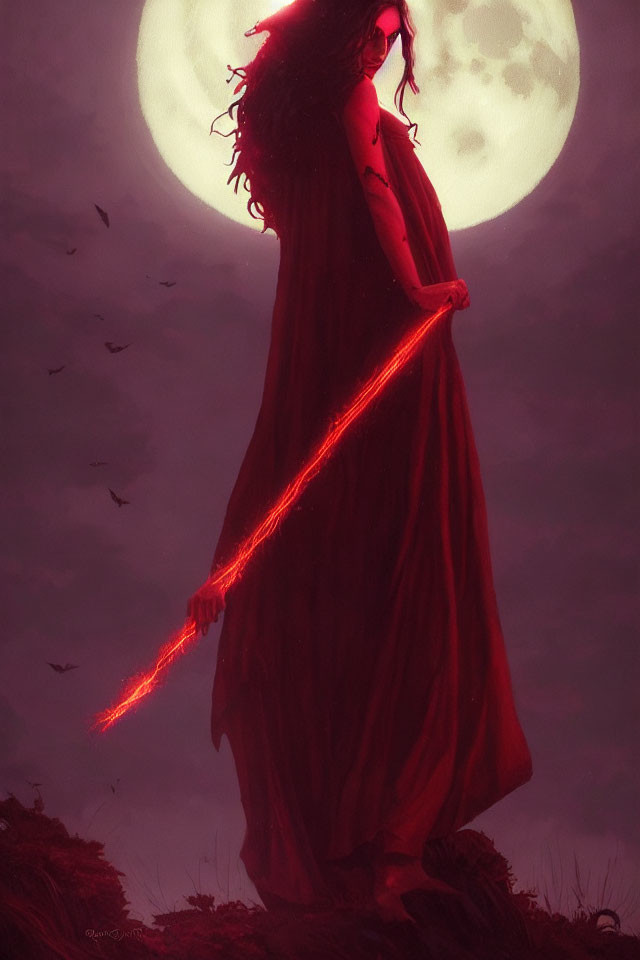 Mystical figure in red cloak under full moon with glowing sword