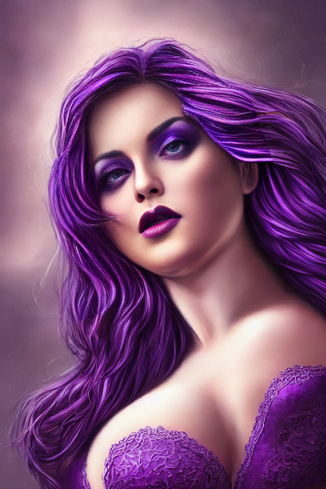 Vibrant purple hair and makeup woman portrait in elegant dress on soft backdrop