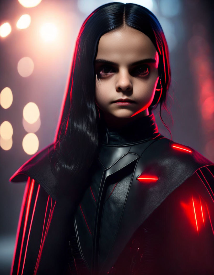 Dark-haired person in futuristic black costume with red accents against bokeh lights