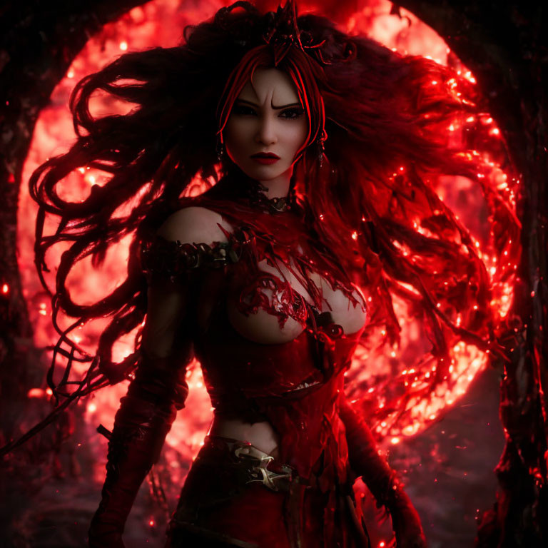 Red-haired fantasy woman in dark armor with fiery backdrop